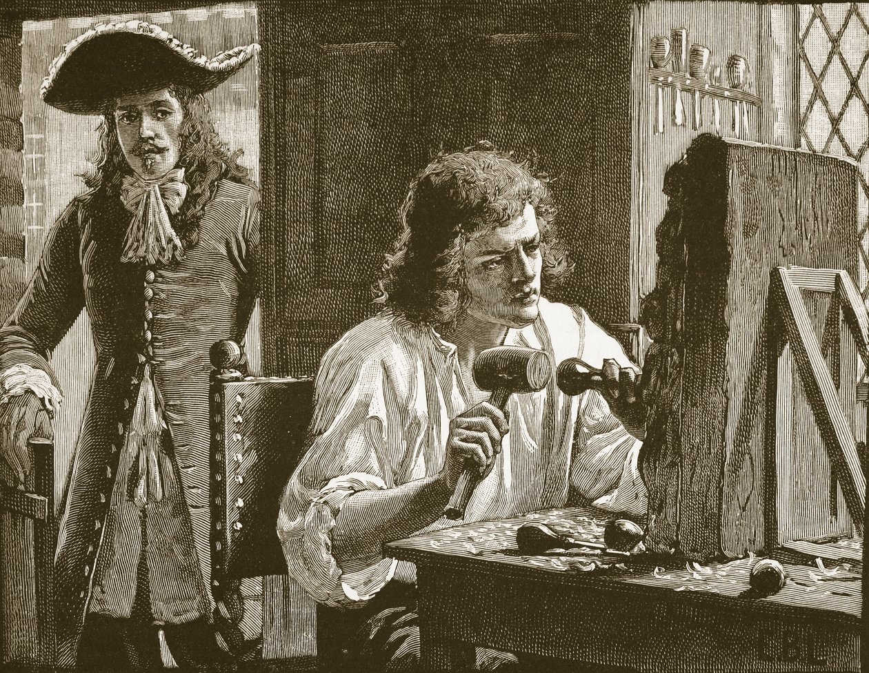 Evelyn opdager Grinling Gibbons, illustration fra Cassells Illustrated History of England (sepia foto) af English School