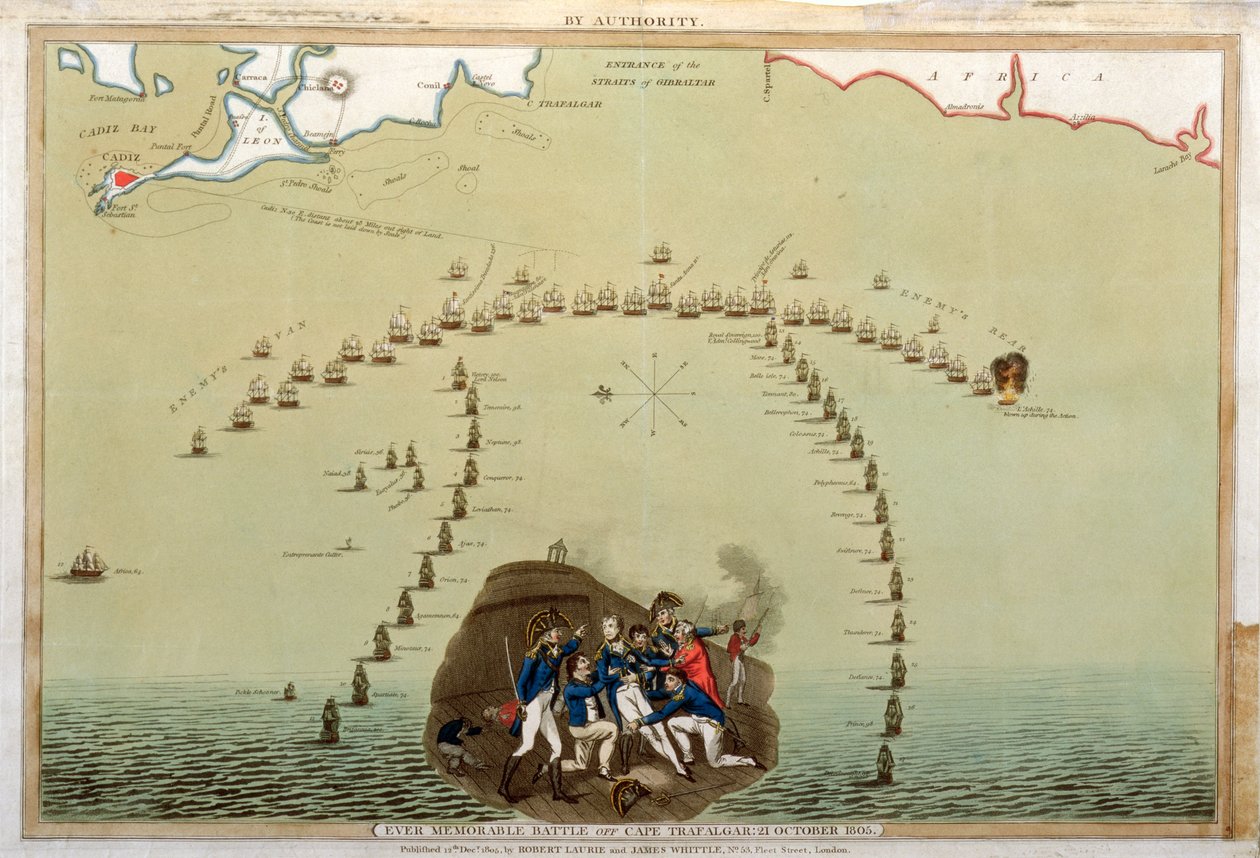 Ever Memorable Battle off Cape Trafalgar, 21. oktober 1805, udgivet af Laurie & Whittle, 12. december 1805 (farvet akvatint) af English School