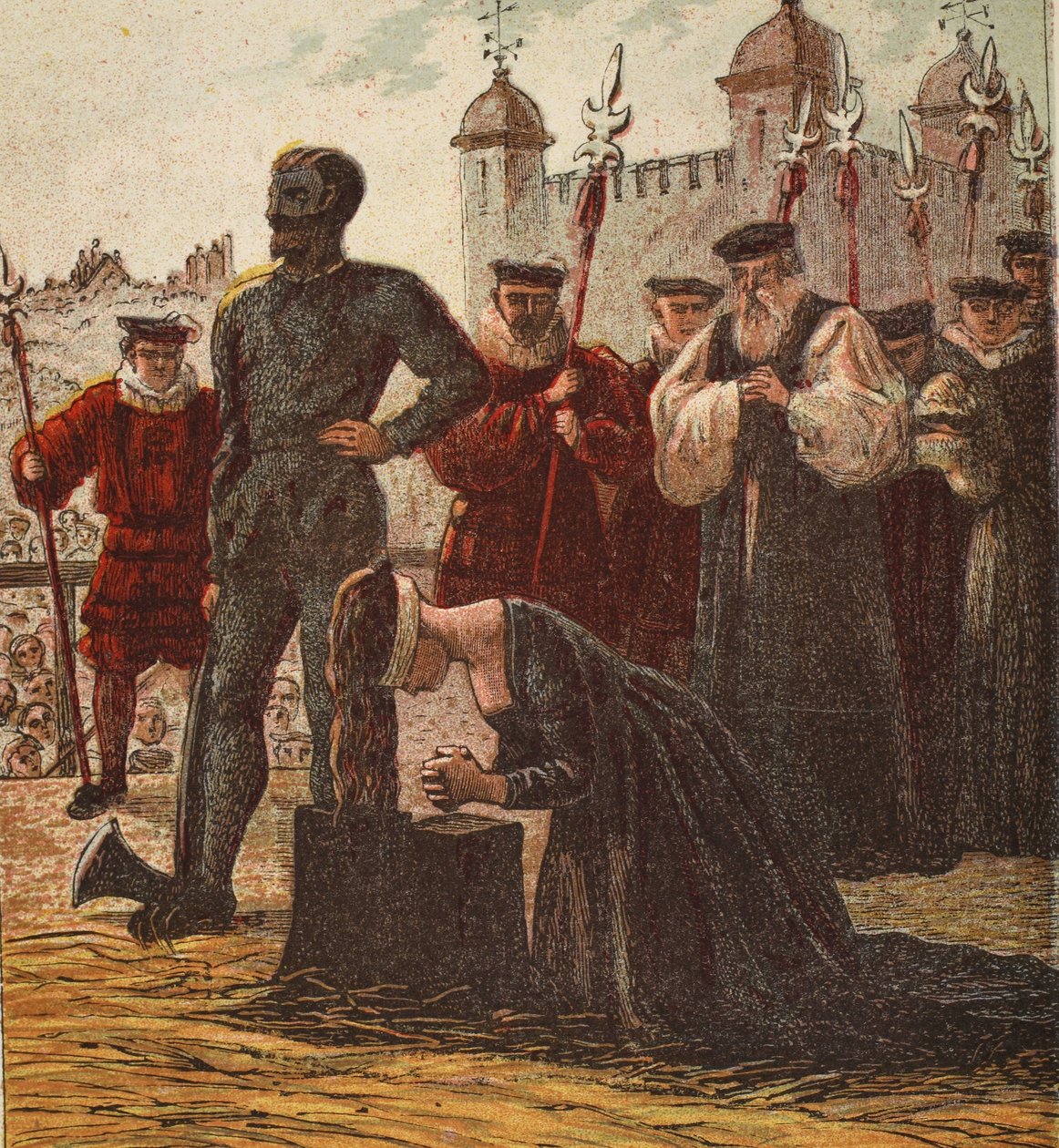 Henrettelse af Lady Jane Grey, pub. 1890 (farvelitografi) af English School
