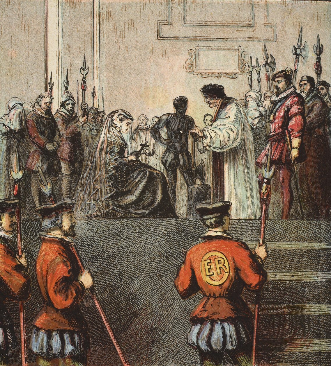 Henrettelse af Mary, Queen of Scots, pub. 1890 (farvelitografi) af English School