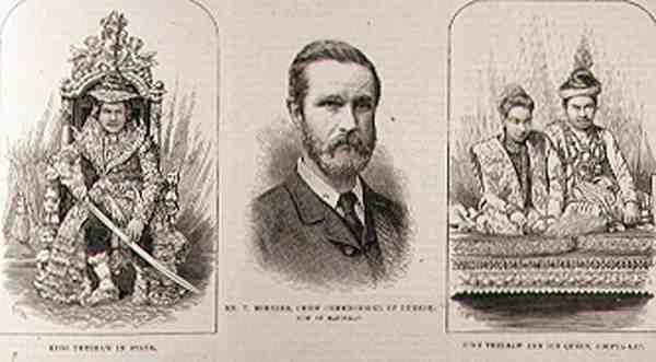 Ekspedition til Øvre Burma: T. Bernard, chefkommissær i Burmah, nu i Mandalay, kong Theebaw og hans dronning Soopya-Lat, fra The Illustrated London News, af English School