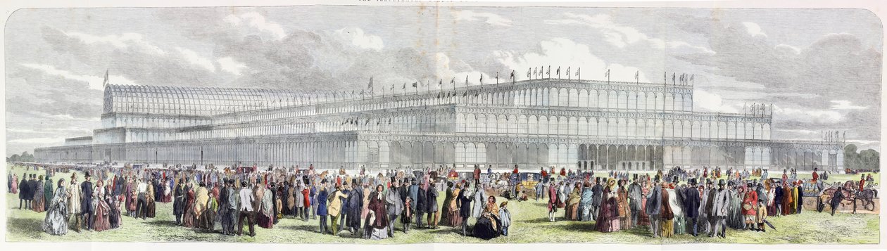 Eksteriør af Crystal Palace opført i Hyde Park til udstilling af alle nationers industri (farvegravering) af English School