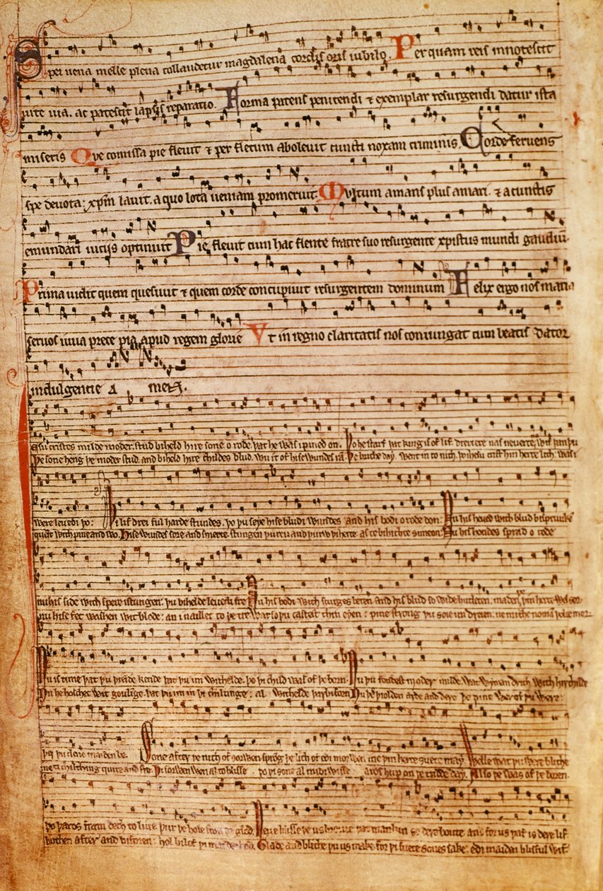 F.154v middelalderlig musiknotation (litho) af English School