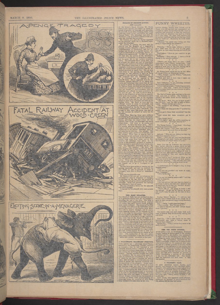 "DØDELIG JERNBANEULYKKE VED WOOD-GREEN". Illustrated Police News, 9. marts 1895 (avispapir) af English School