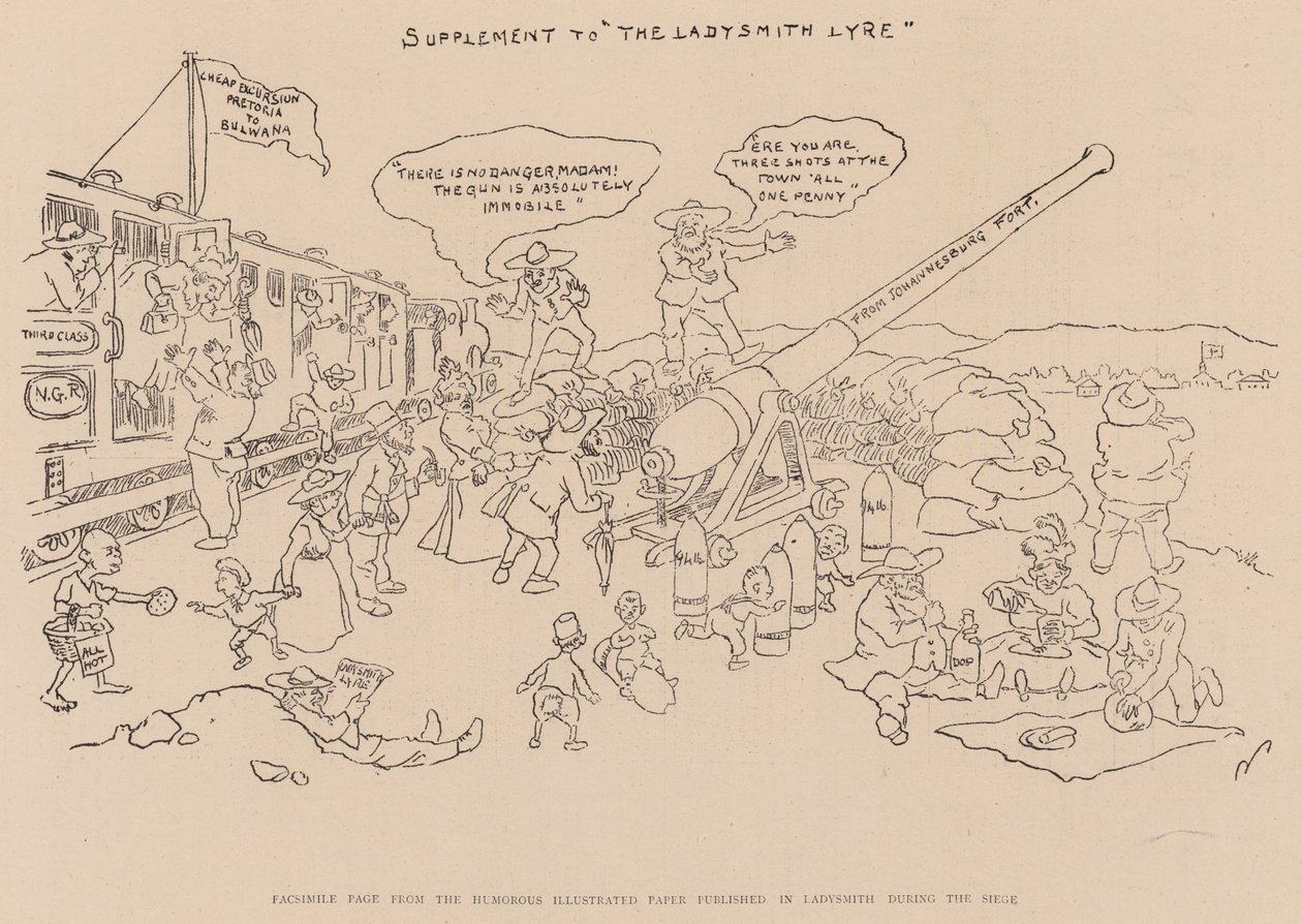 Faksimile-side fra den humoristiske illustrerede avis, der blev udgivet i Ladysmith under belejringen (litografi) af English School