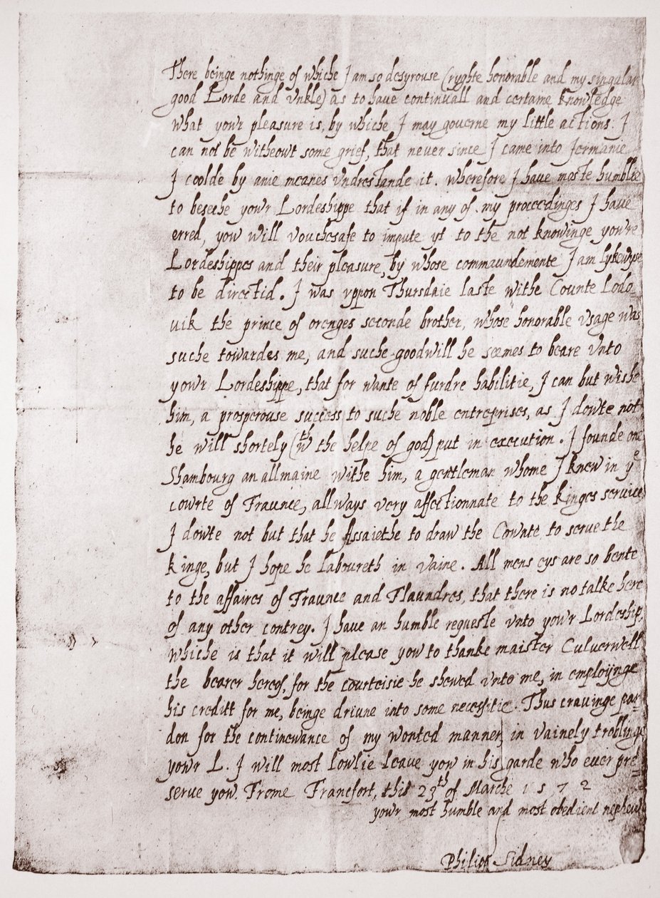 Faksimile af Philip Sidneys håndskrift i en alder af 18, 23. marts 1572 af English School