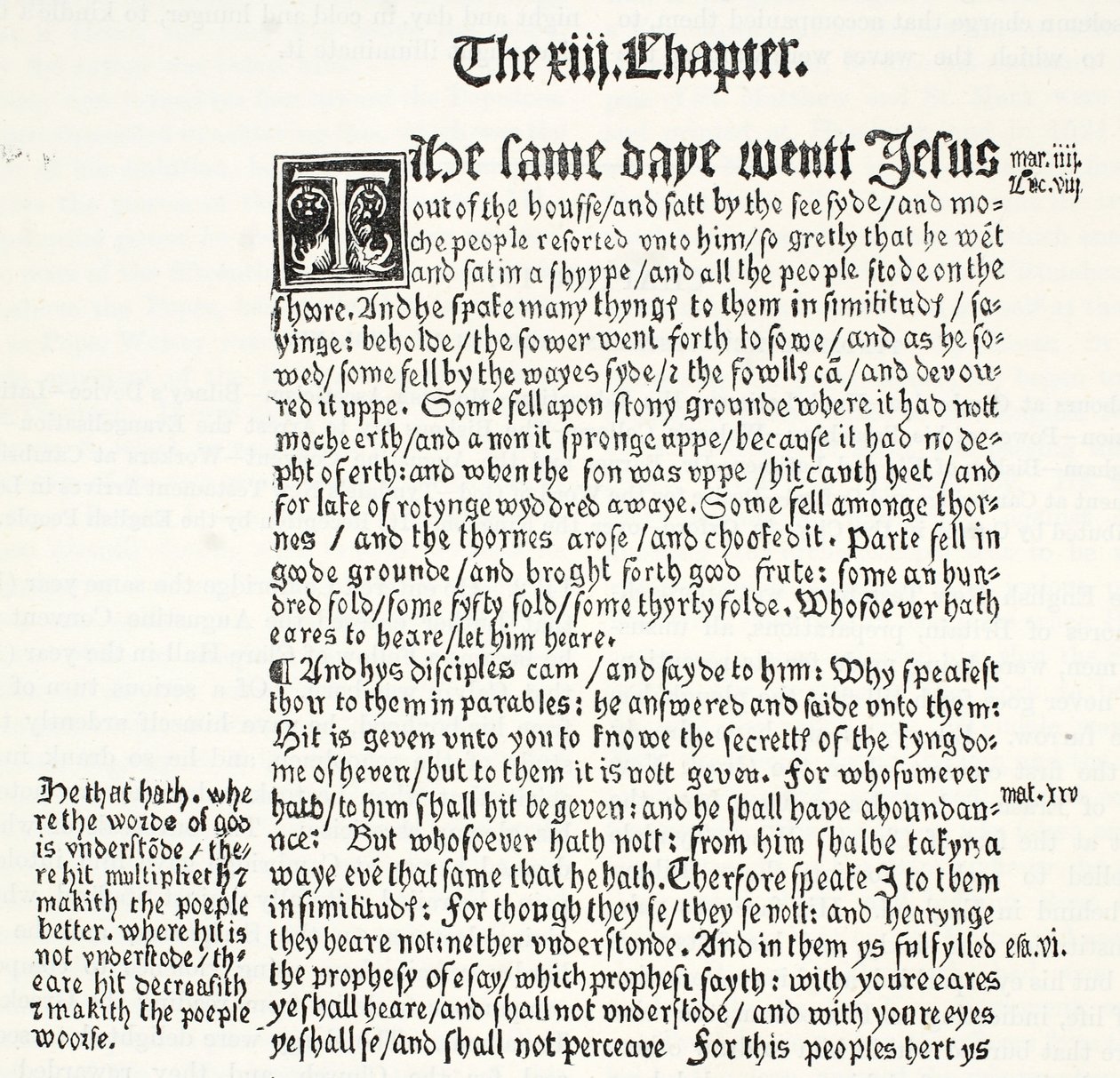 Faksimile af St. Matthews Evangelium, kapitel XIII, vers 1-15, fra Tyndales Testamente, illustration fra The History of Protestantism af James Aitken Wylie (1808-1890), pub. 1878 af English School