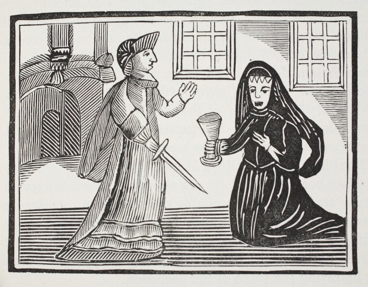Fair Rosamond bliver forgiftet af dronning Eleanor, illustration fra Chap-books of the Eighteenth Century af John Ashton, pub. 1882 af English School
