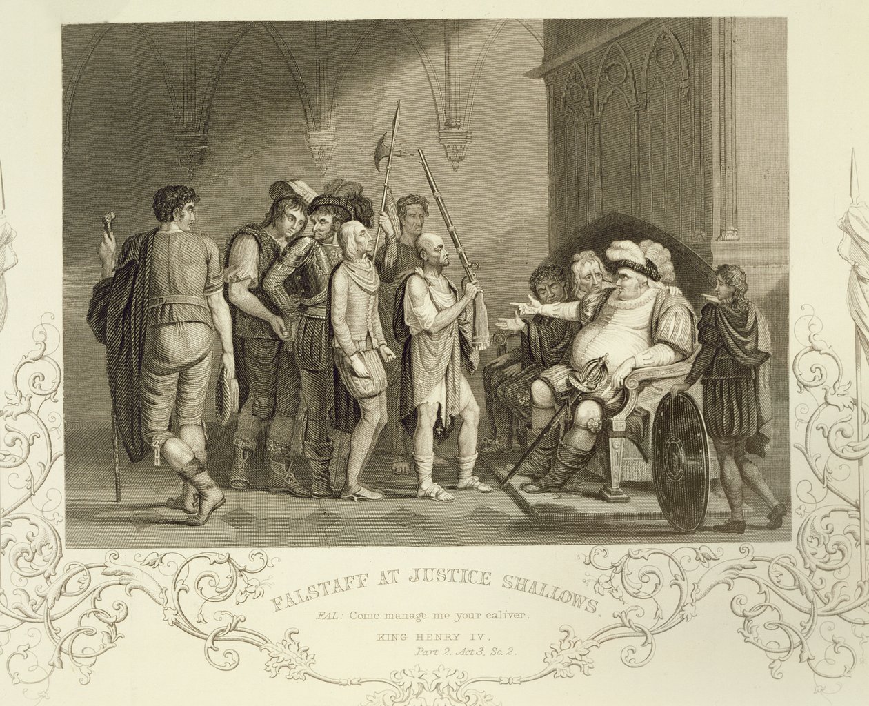 Falstaff ved Justice Shallows, i Henry IV (Del 2) Act III Scene 2, af William Shakespeare (1564-1616) af English School