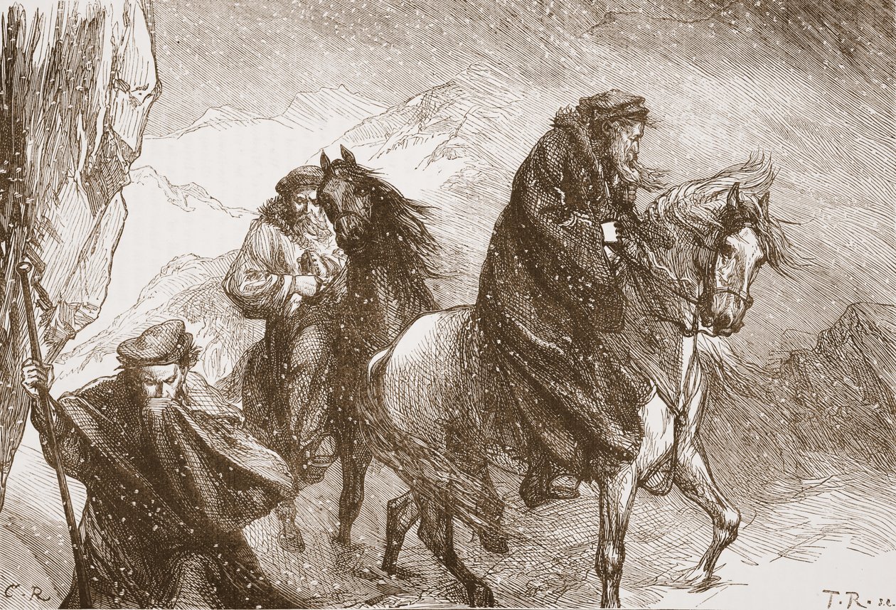 Farel og hans ledsagere på rejse over Alperne, illustration fra The History of Protestantism af James Aitken Wylie (1808-1890), pub. 1878 af English School