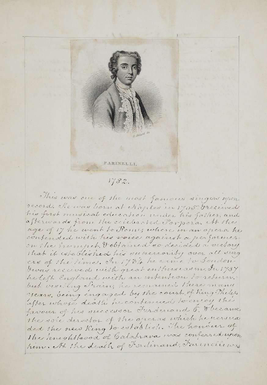 Farinelli, graveret af Henry Adlard (fl.1828-69), c.1830 (gravering & pen og blæk på papir) af English School