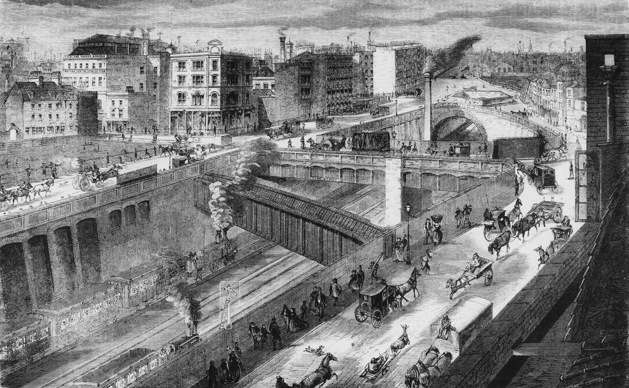 Farringdon Road og Metropolitan Railway ser mod nord af English School