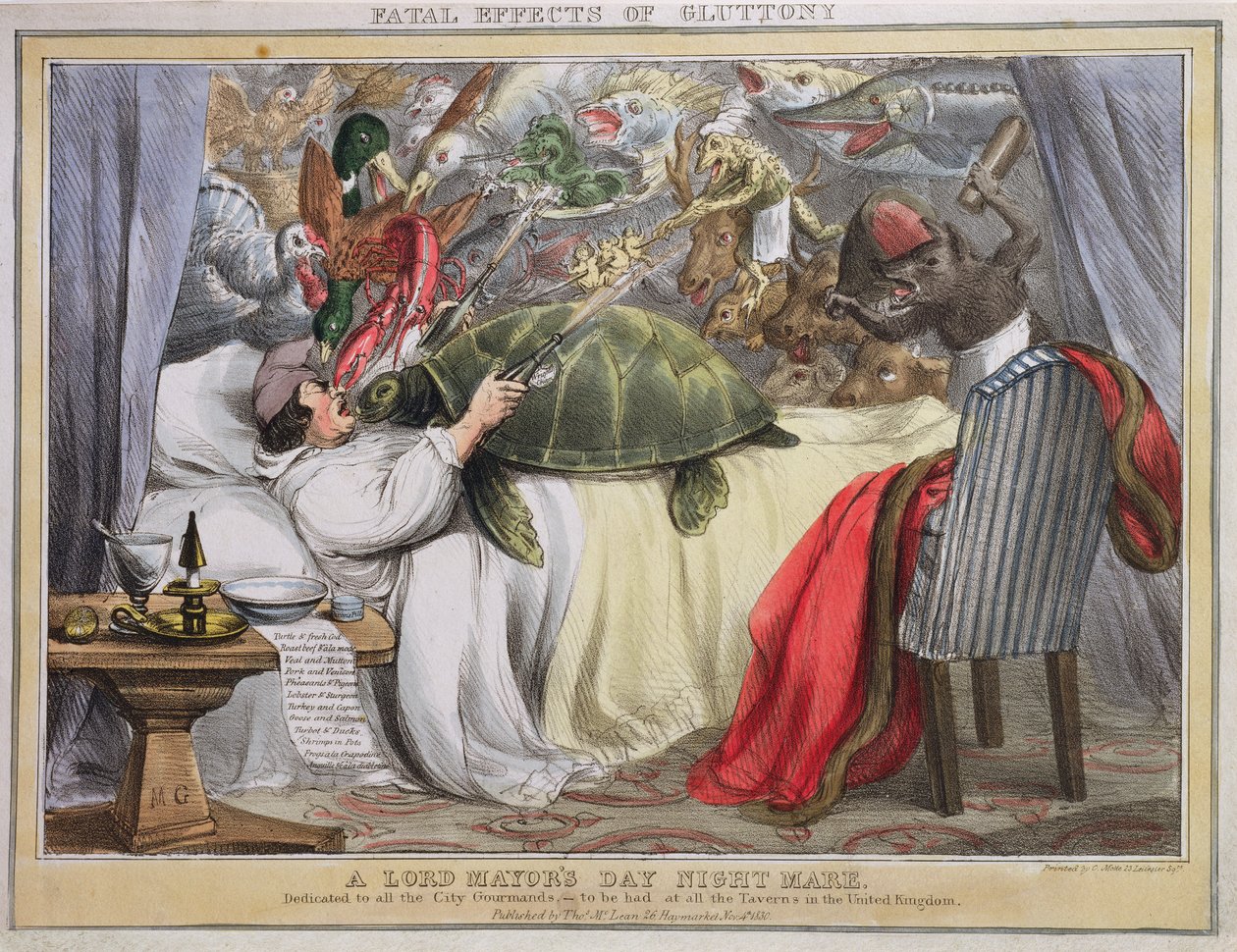 Fatale virkninger af frådseri, en nattehoppe fra Lord Mayors Day, udgivet af Thomas McLean (1788-1875) 1830 af English School