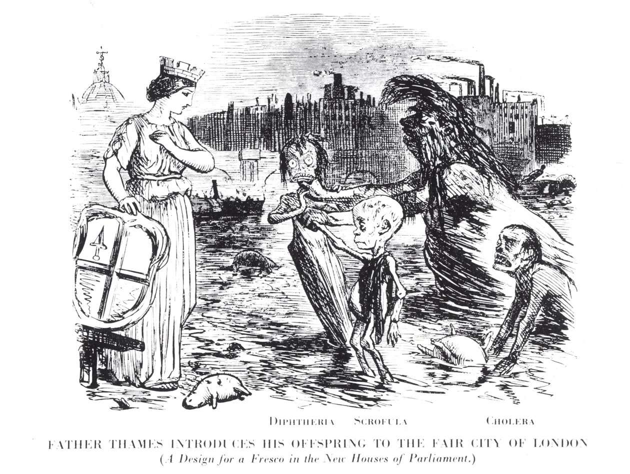 Fader Thames introducerer sit afkom til Fair City of London, et design til en fresco i de nye Houses of Parliament af English School