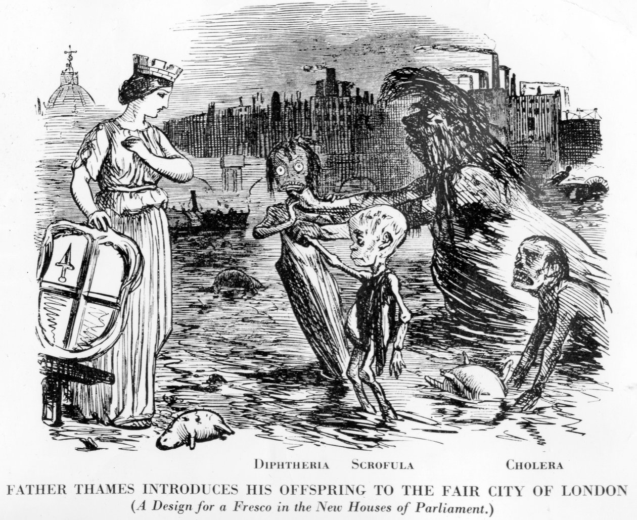 Fader Thames introducerer sit afkom til Fair City of London, hvor afkommet er Diphtheria, Scrofula og Cholera. Mere en åben kloak end en flod, den modbydelige delstat Themsen i London. af English School
