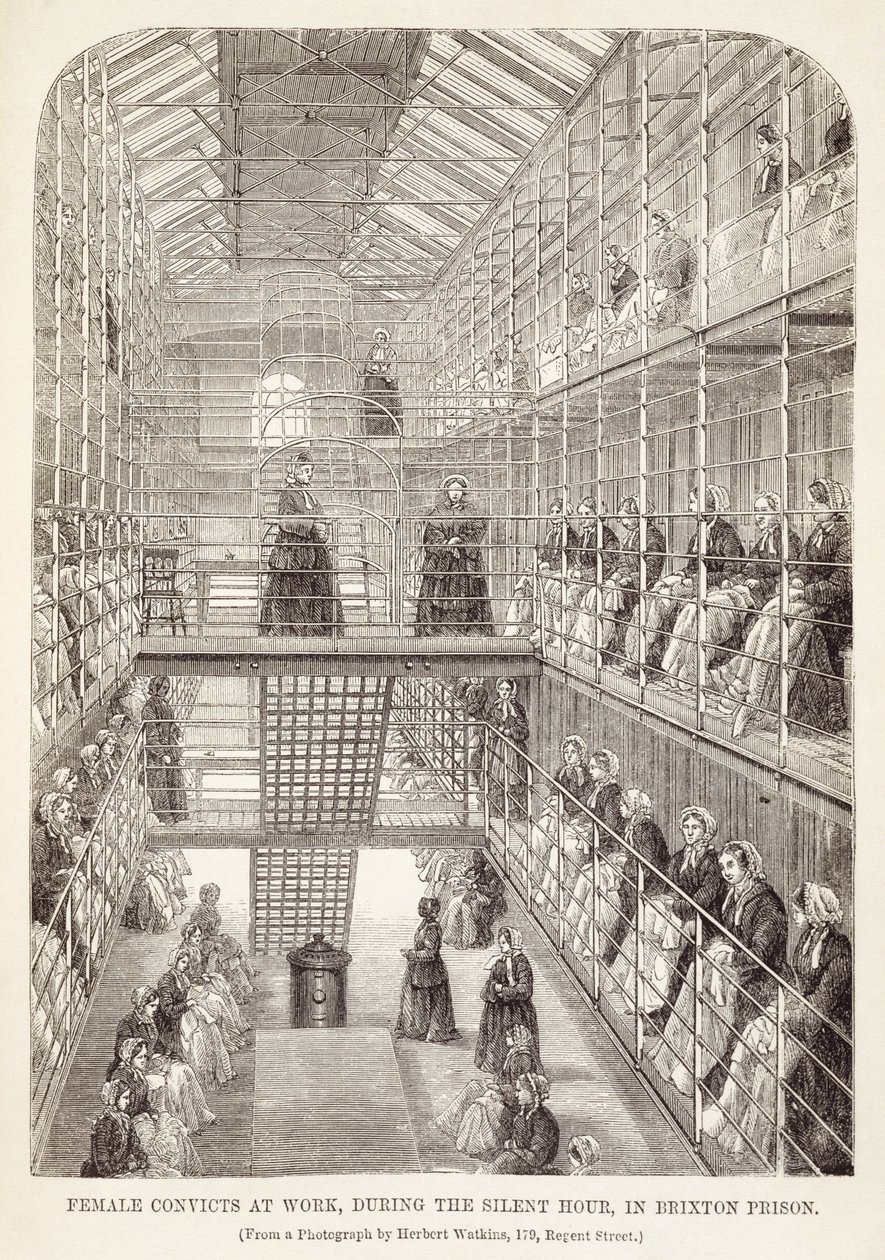 Kvindelige straffefanger på arbejde under den stille time i Brixton Prison, fra The Criminal Prisons of London og Scenes of Prison Life af Henry Mayhew (1812-87) og John Binny, 1860 af English School