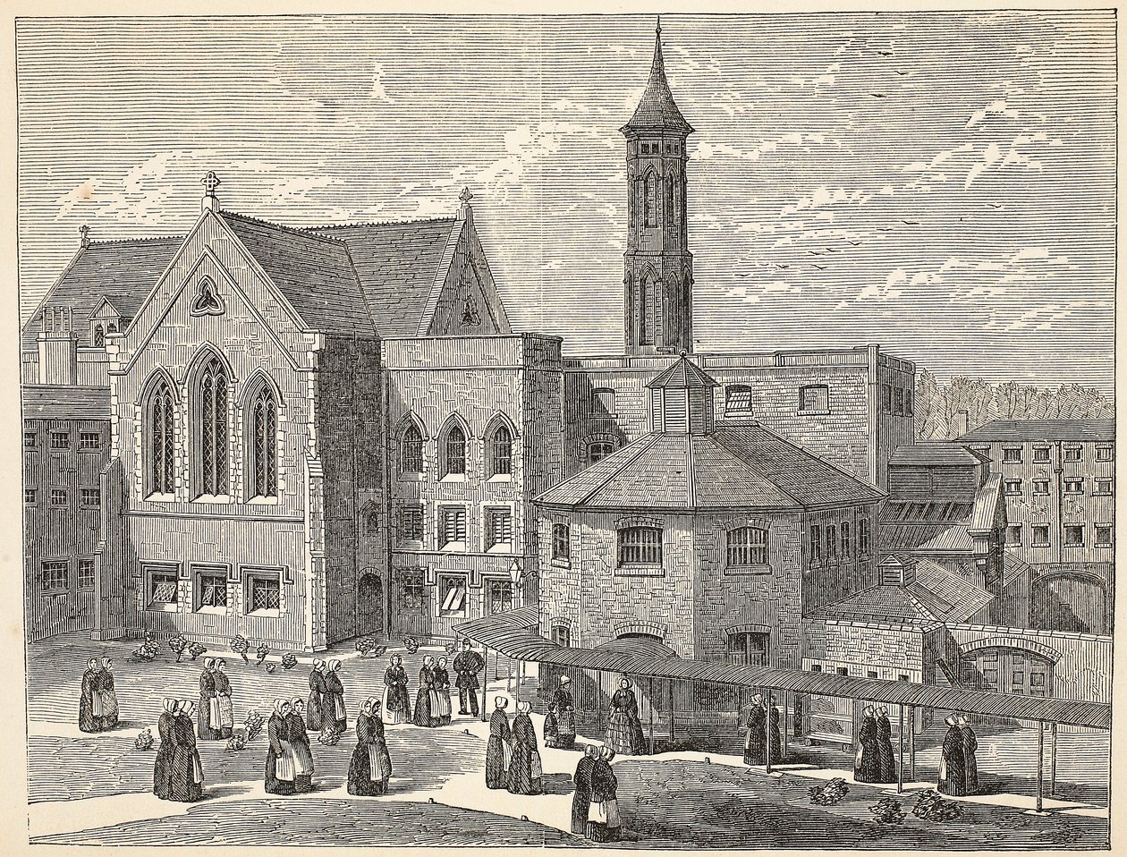 Kvindelige dømte, der træner i luftegården i Brixton Prison, illustration fra The Criminal Prisons of London og Scenes from Prison Life af Henry Mayhew og John Binny, pub. 1862 af English School