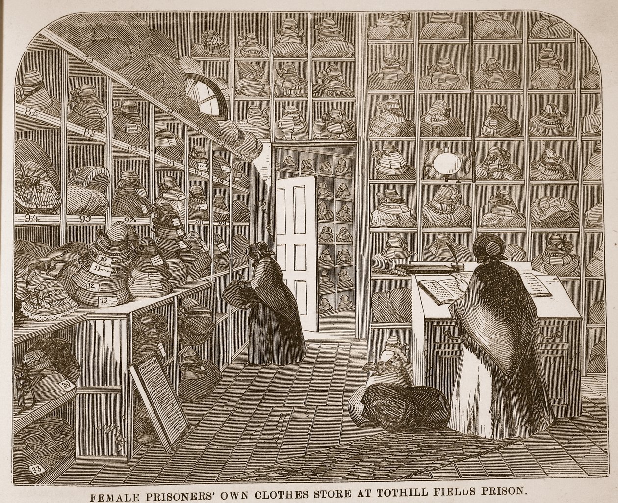 Kvindelige fanger ejer tøjbutik i Tothill Fields Prison, illustration fra The Criminal Prisons of London og Scenes from Prison Life af Henry Mayhew og John Binny, pub. 1862 af English School