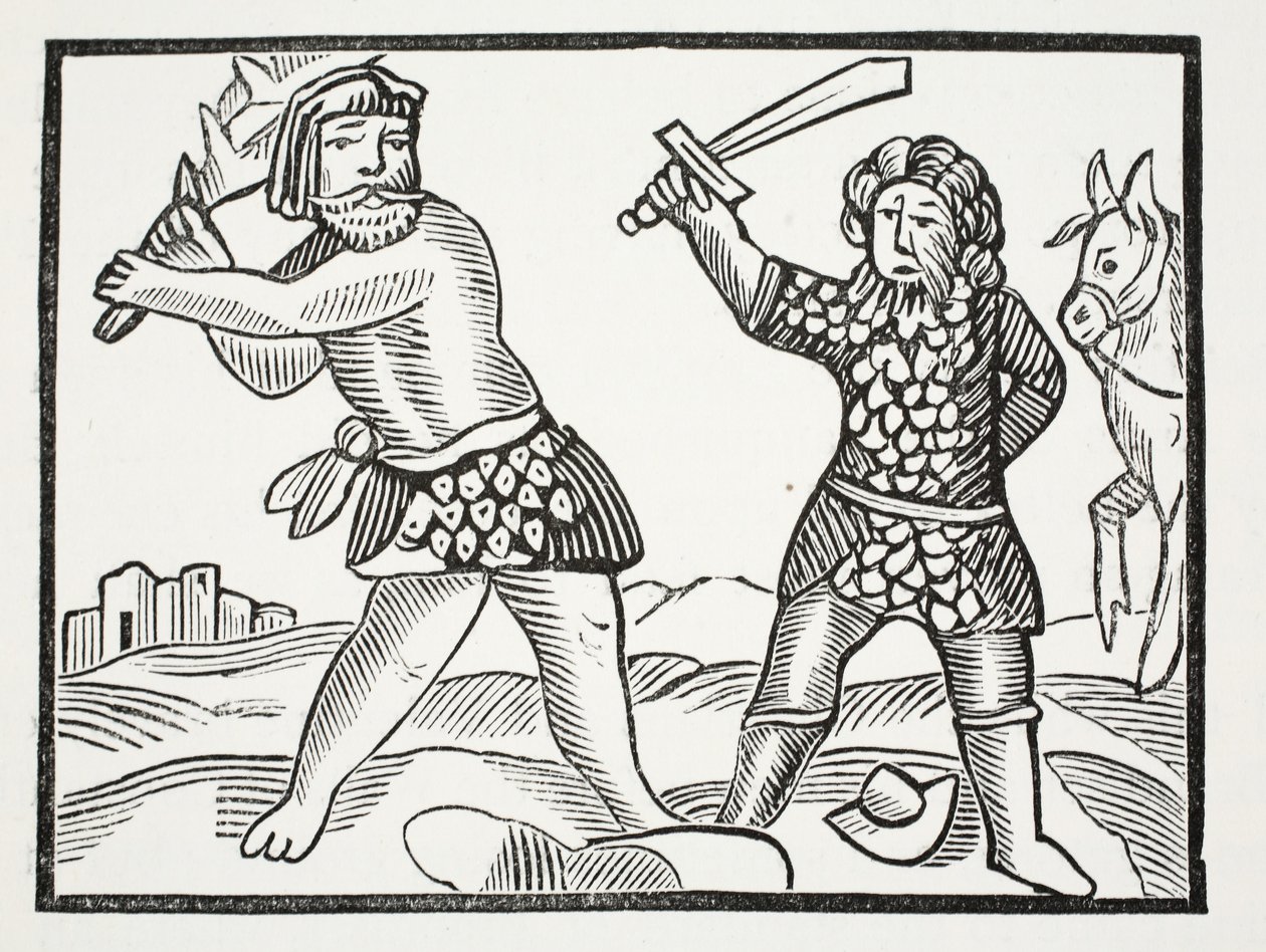 Ferragus rejser en mægtig hær og belejrer byen Acquitain, illustration fra Chap-books of the Eighteenth Century af John Ashton, pub. 1882 af English School