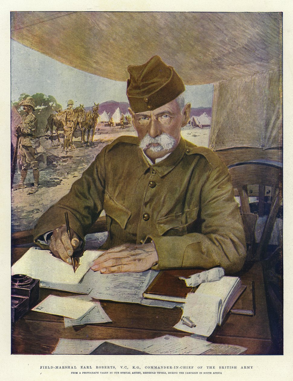 Feltmarskal Earl Roberts, VC, KG, øverstbefalende for den britiske hær (farvelitografi) af English School