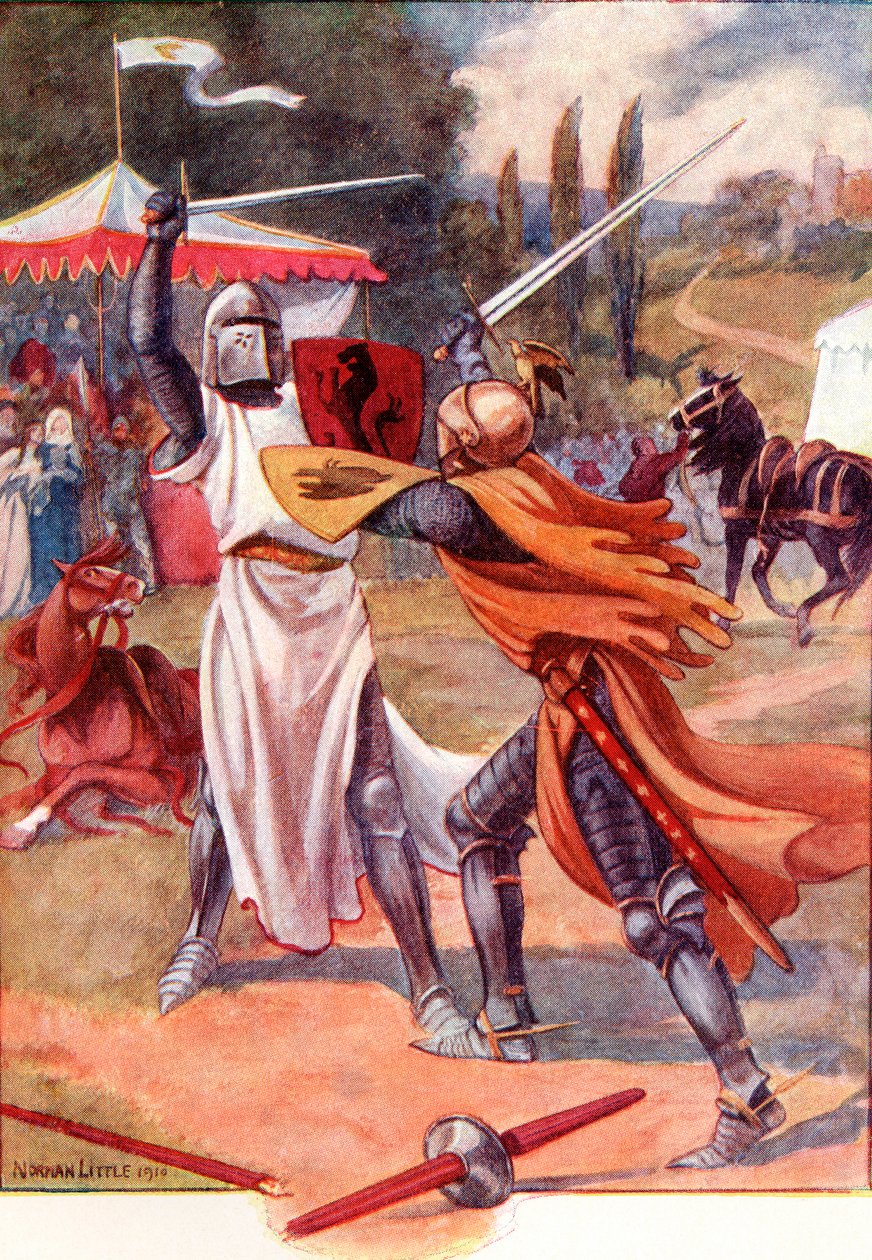 Fighting Knights in Armour. Farvet illustration fra bogen The Gateway to Tennyson udgivet 1910. af English School