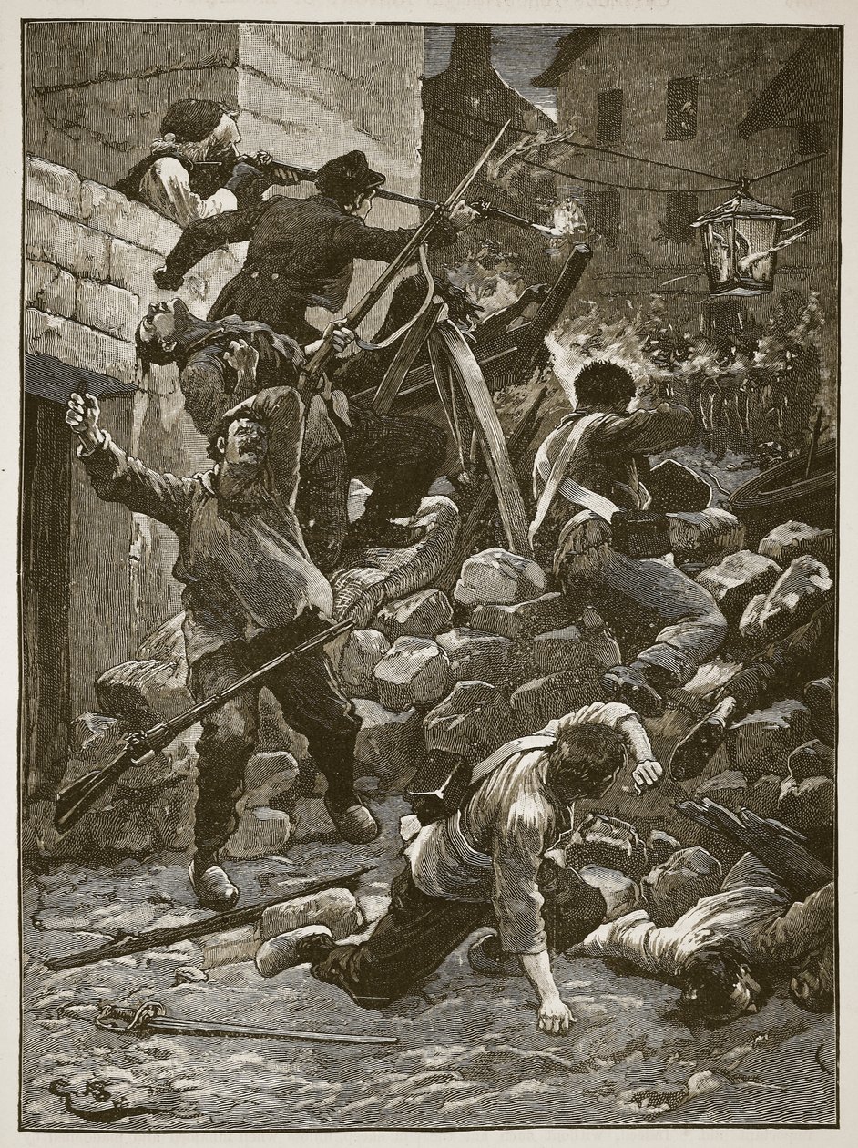 Kamp ved barrikaderne i Paris, illustration fra Cassells Illustrated History of England (sepiafoto) af English School