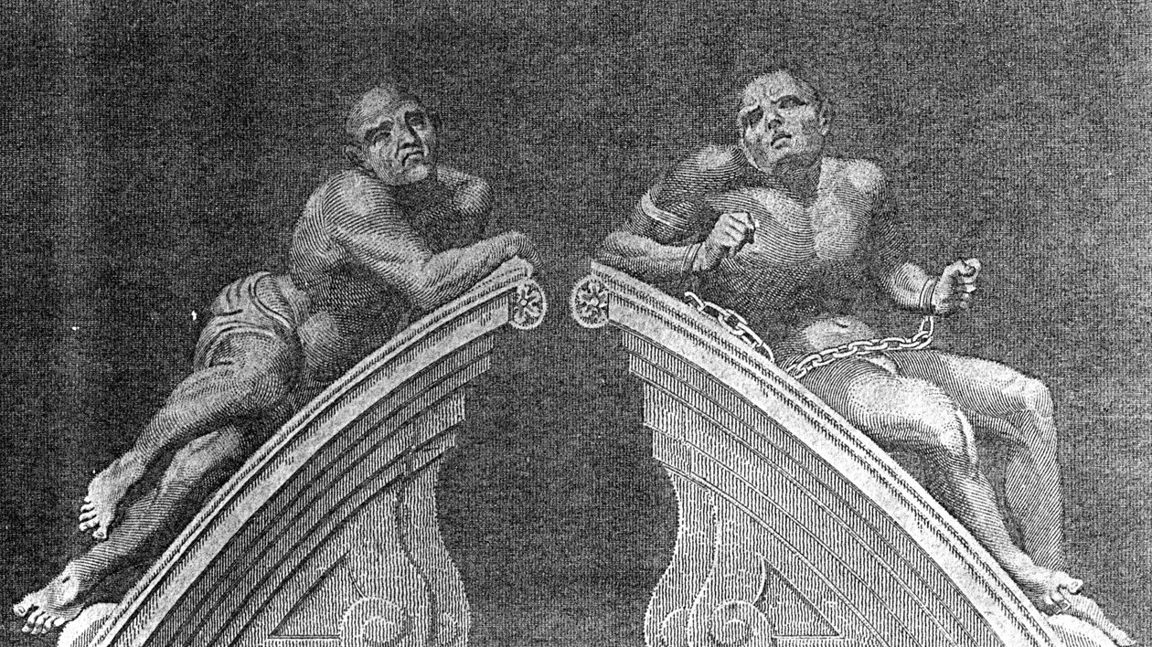 Figurer over Gateway of Bethlehem Hospital, indgraveret af A. Birrell for Lamberts History of London, 1805 af English School