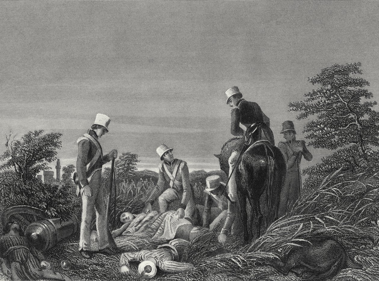 At finde farverne på det 24. regiment efter slaget ved Chillianwallah, ca. 1850 (gravering) af English School