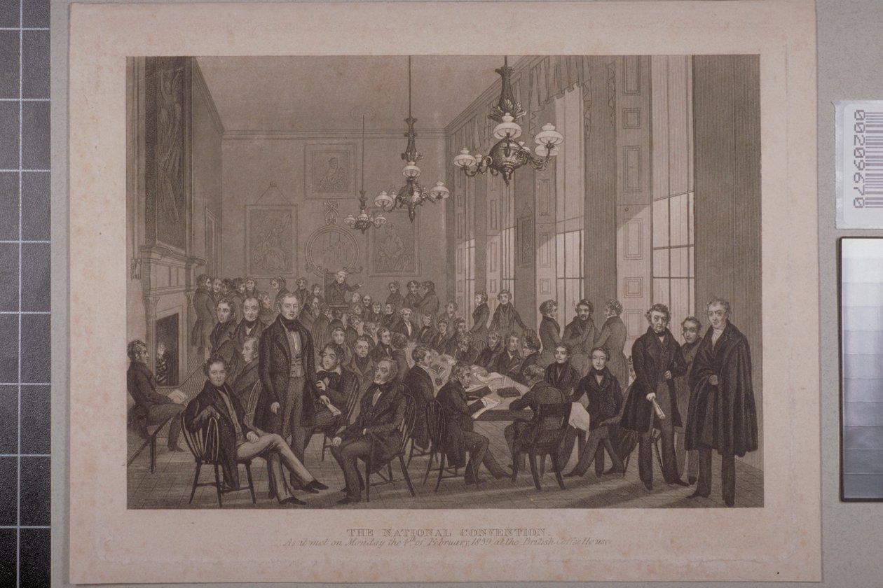 Første chartistmøde, British Coffee House på Cockspur Street, 1839 af English School
