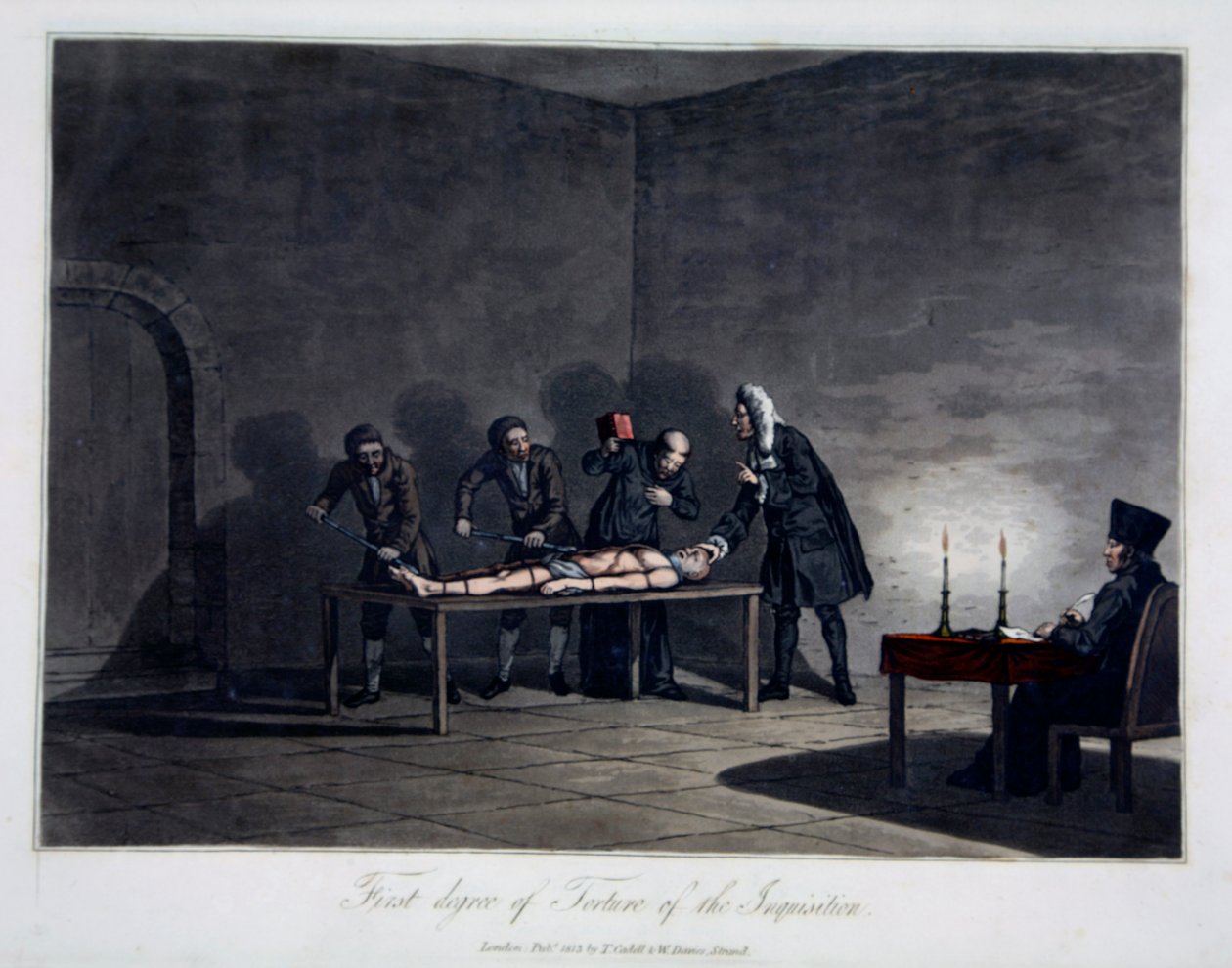 Inkvisitionens første grad af tortur, indgraveret af L.C. Stadler, pub. af Cadell & Davies, London, ca. 1813 (farvet gravering) af English School