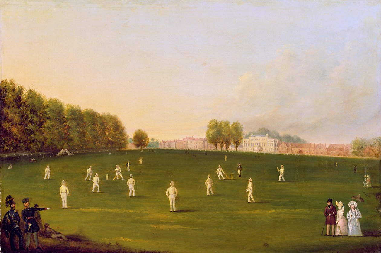Første store cricketkamp spillet af medlemmer af Royal Amateur Society på Hampton Court Green, 3. august 1836, 1836 af English School