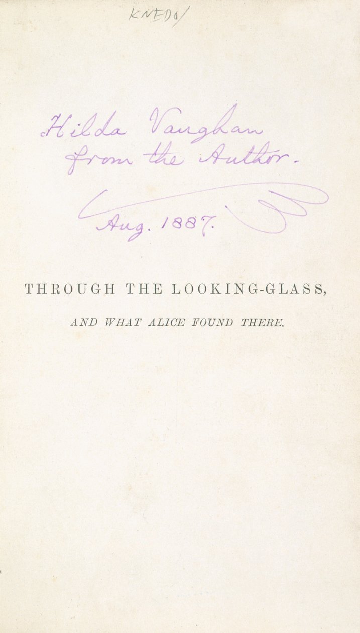 Første udgave af Lewis Carrolls Alice Through the Looking Glass, med forfatterens inskription til Hilda Vaughn, 1887 af English School