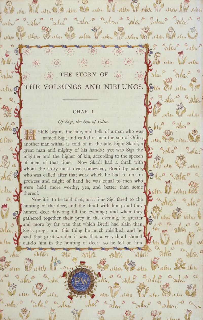 Første side fra The Story of The Volsungs and Niblungs, ca. 1870 af English School