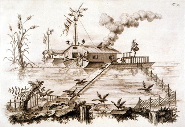 Fiskeri med skarver ved hjælp af en vandbåd og indhegnet indhegning, illustration fra 