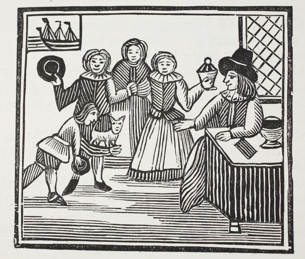 Fitzwarren modtager sine tjeneres ventures, illustration fra Chap-books of the Eighteenth Century af John Ashton, pub. 1882 af English School