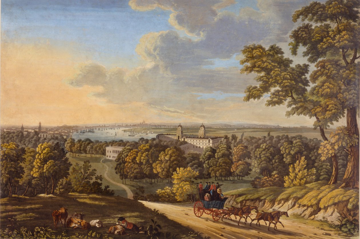Flamstead Hill, Greenwich: Stagecoach på vej mod syd ca. 181020 (wc på papir) af English School