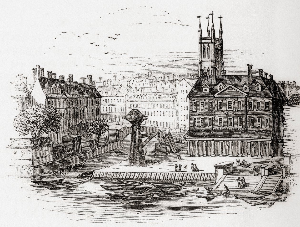 Fleet Ditch, London, England i 1749 på det tidspunkt, hvor den løb ind i Themsen ved Bridewell, fra Old England: A Pictorial Museum, pub. 1847 af English School