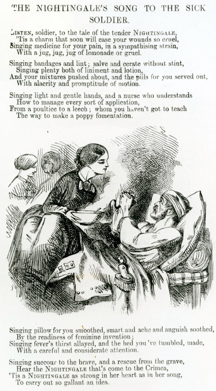 Florence Nightingale passer på en syg soldat på Krim af English School