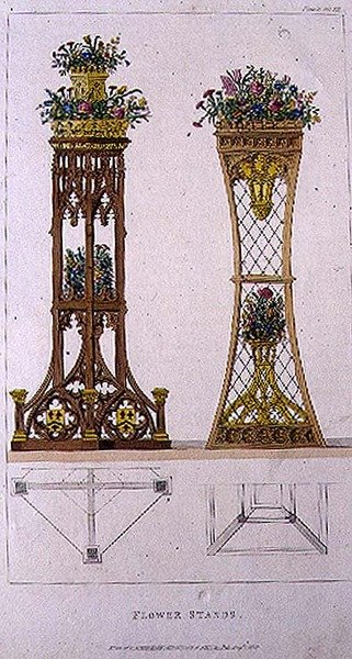 Blomsterstativer, plade 163 fra Ackermanns Kunstlager, udgivet 1809-28 (farve litho) af English School