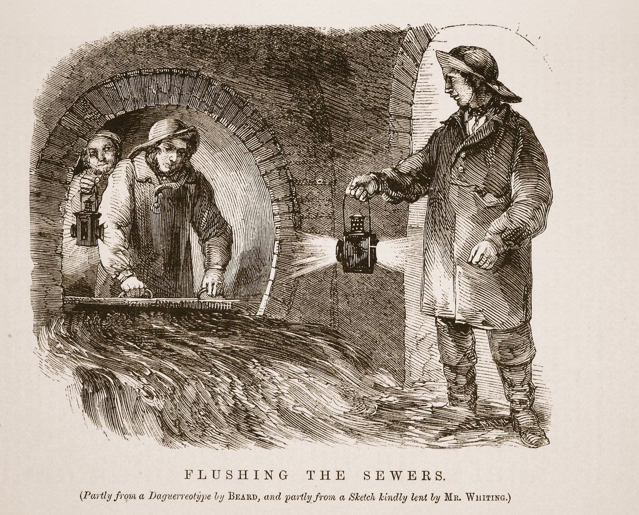 Gennemskylning af kloakkerne, dels fra daguerreotypiet af Richard Beard og dels fra en skitse, der venligt var udlånt af Mr. Whiting, illustration fra London Labor og London Poor af Henry Mayhew, pub. 1862 (lit af English School