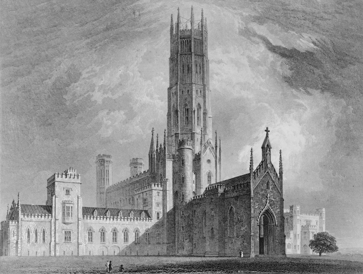 Fonthill Abbey fra nordvest, fra grafiske og litterære illustrationer af Fonthill Abbey af John Britton, 1823 af English School