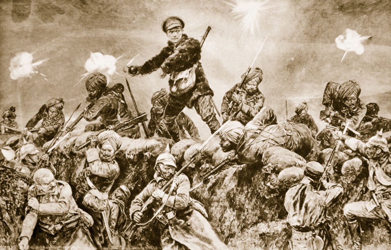 Til ære for Raj: Indiske tropper angriber de tyske skyttegrave ved Neuve Chapelle, marts 1915, 1914-19 af English School