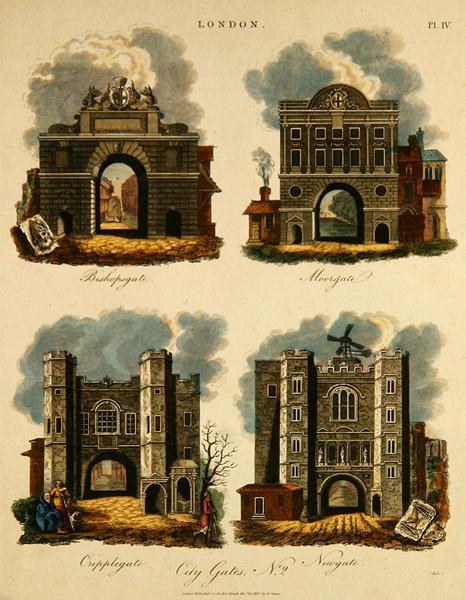 Fire byporte: Bishopsgate, Moorgate, Cripplegate og Newgate, indgraveret af J. Pass, pub. af G. Jones af English School