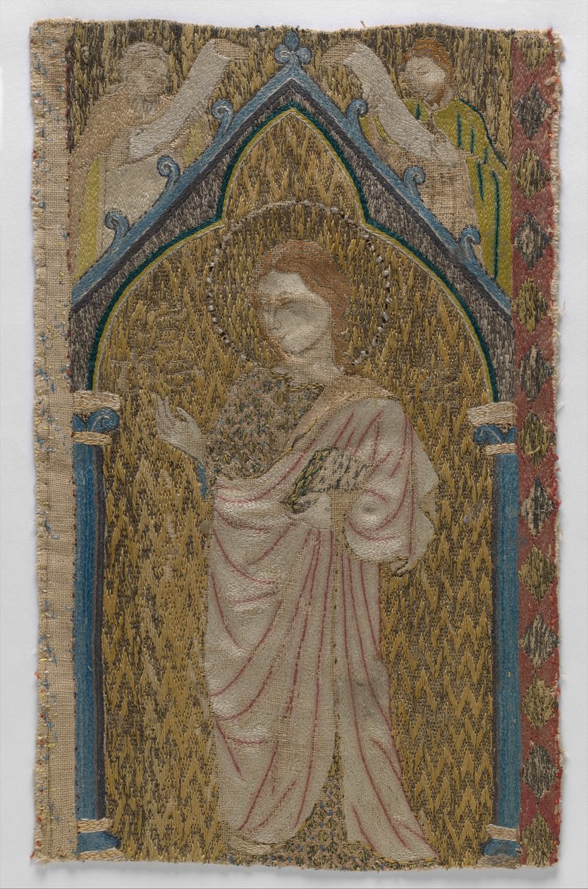 Fragment af en orfhrey (linned, silke og guldtråd) af English School