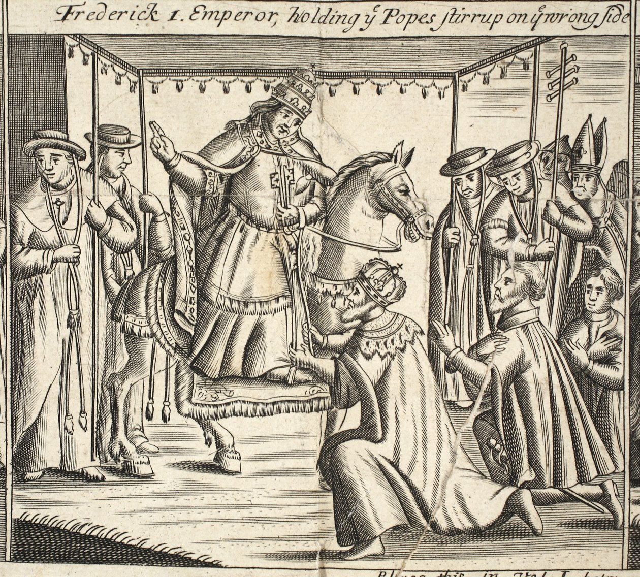 Frederick I, Emperor, holder ye Popes stigbøjlen på den forkerte side, illustration fra Acts and Monuments af John Foxe, niende udgave, pub. 1684 af English School