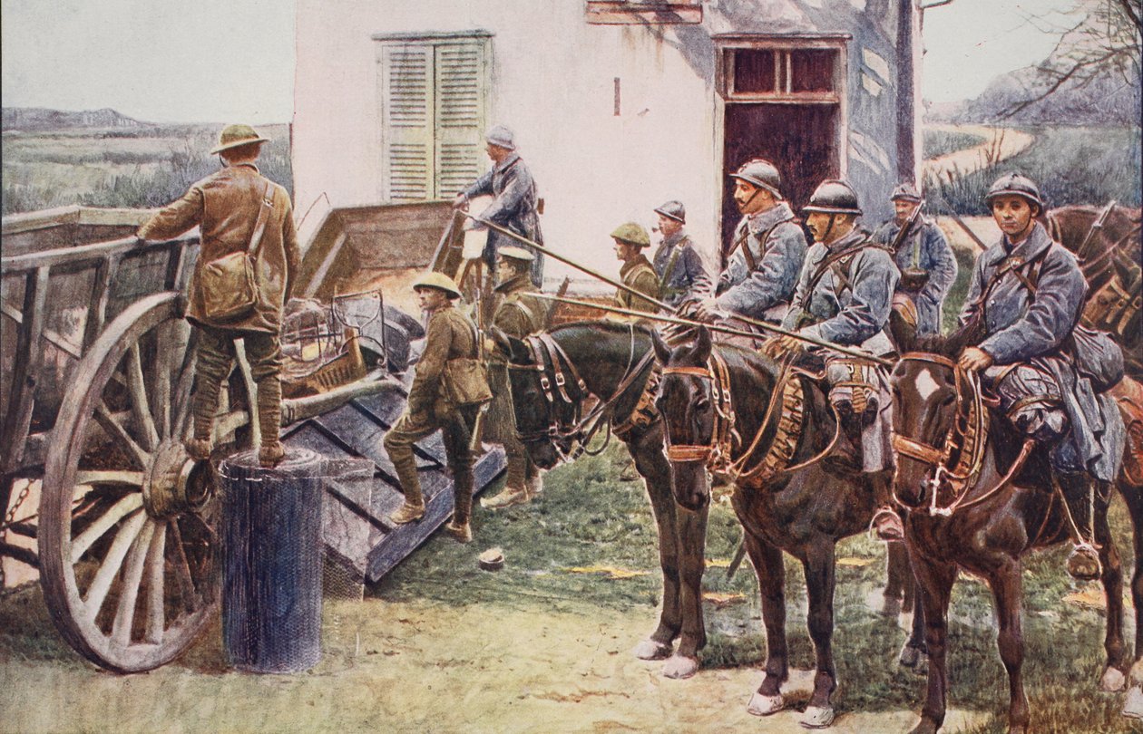 Franske Lancers ankommer til en landsbyforpost, der kommer til hjælp for de britiske styrker, 1914-19 af English School