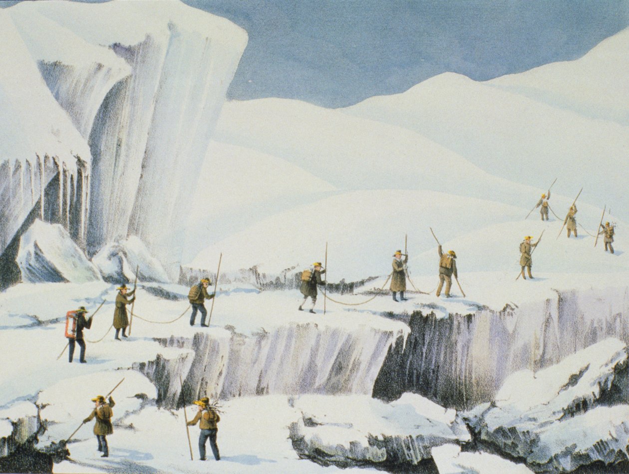 Hyppig optræden af isen med broer af sne, fra en fortælling om en opstigning til toppen af Mont Blanc af Charles Fellows (1799-1860), udgivet 1827 af English School