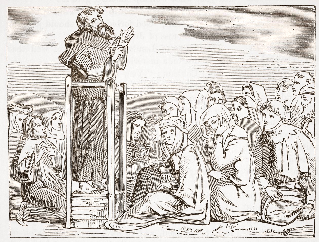 Friar prædiker fra en bevægelig prædikestol, illustration fra The History of Protestantism af James Aitken Wylie (1808-1890), pub. 1878 af English School