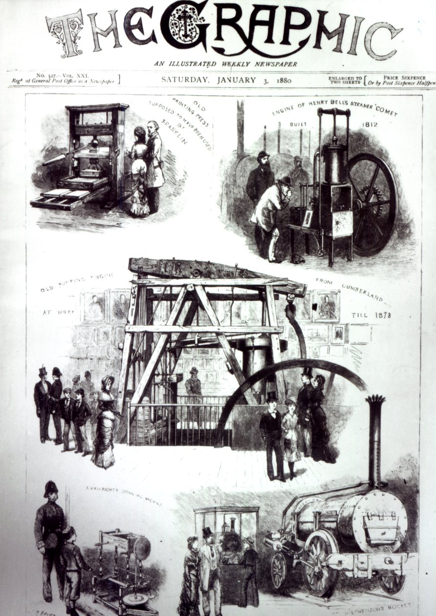 Forside af The Graphic, der viser vigtige opfindelser, 3. januar 1880 af English School