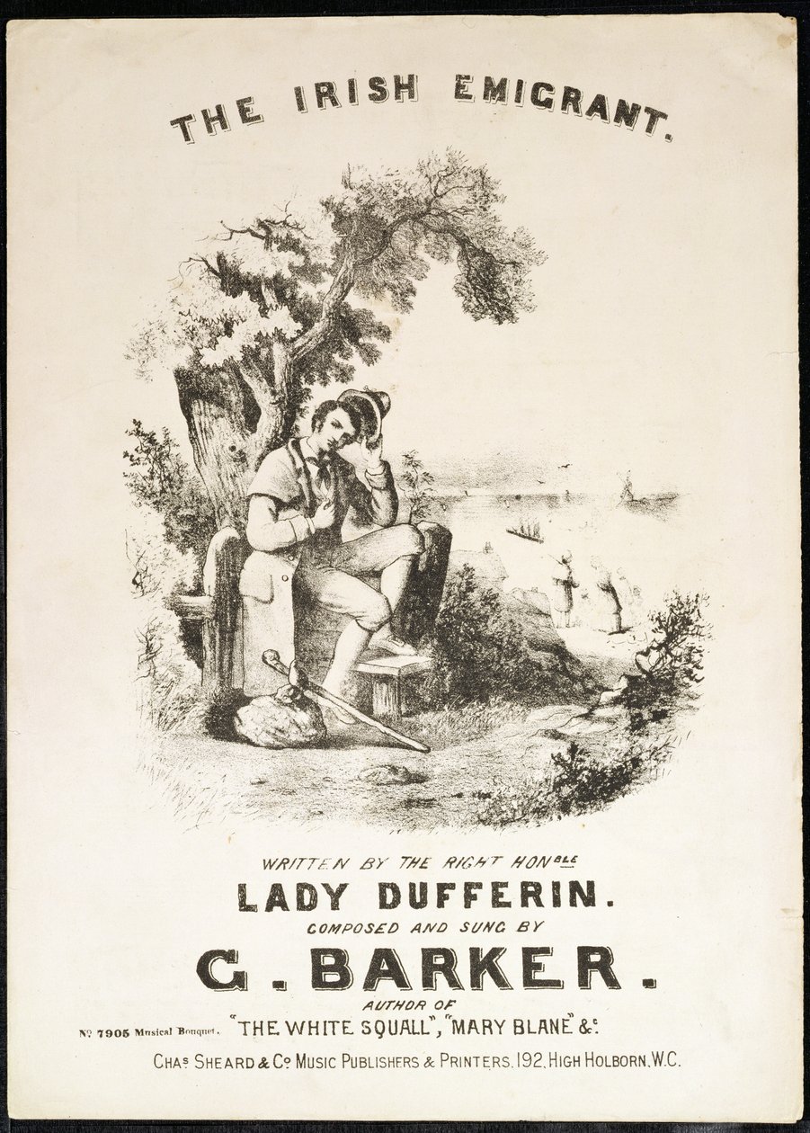 Forside af noder til The Irish Immigrant, skrevet af Lady Dufferin, komponeret af G. Barker af English School